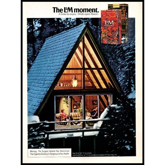 1974 L&M Cigarettes Vintage Print Ad A Frame Chalet Apres Ski Winter Wall Art - Picture 1 of 1